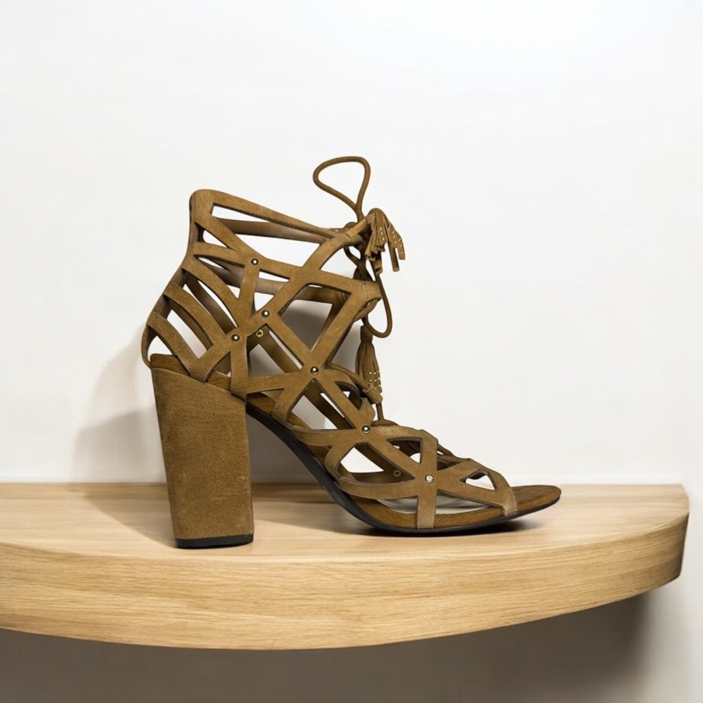 Jessica Simpson JS Kariba heels, SZ 10M W BOHO CHIC Honey brown LUX KID SUEDE